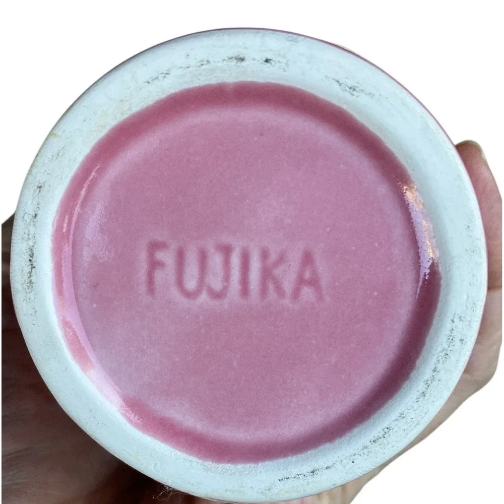 Vintage 1980s Fujika Japan Candy Cat Pink Ceramic Kawaii Bud Vase‎ Foil Label